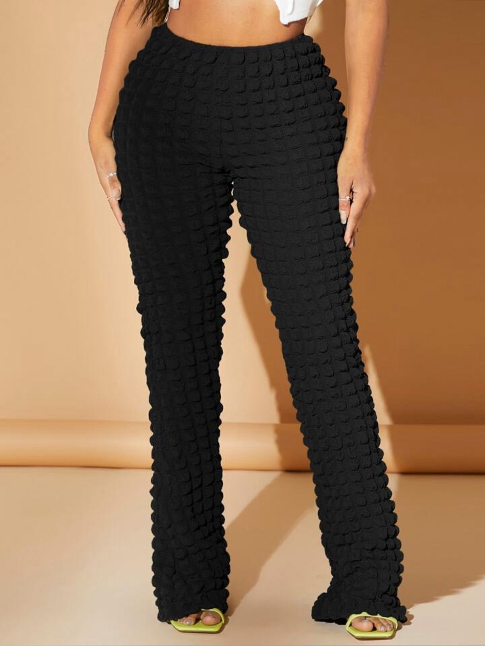 SHEIN SXY Textured bubble elastic waistband flared  Solid cream  Pants